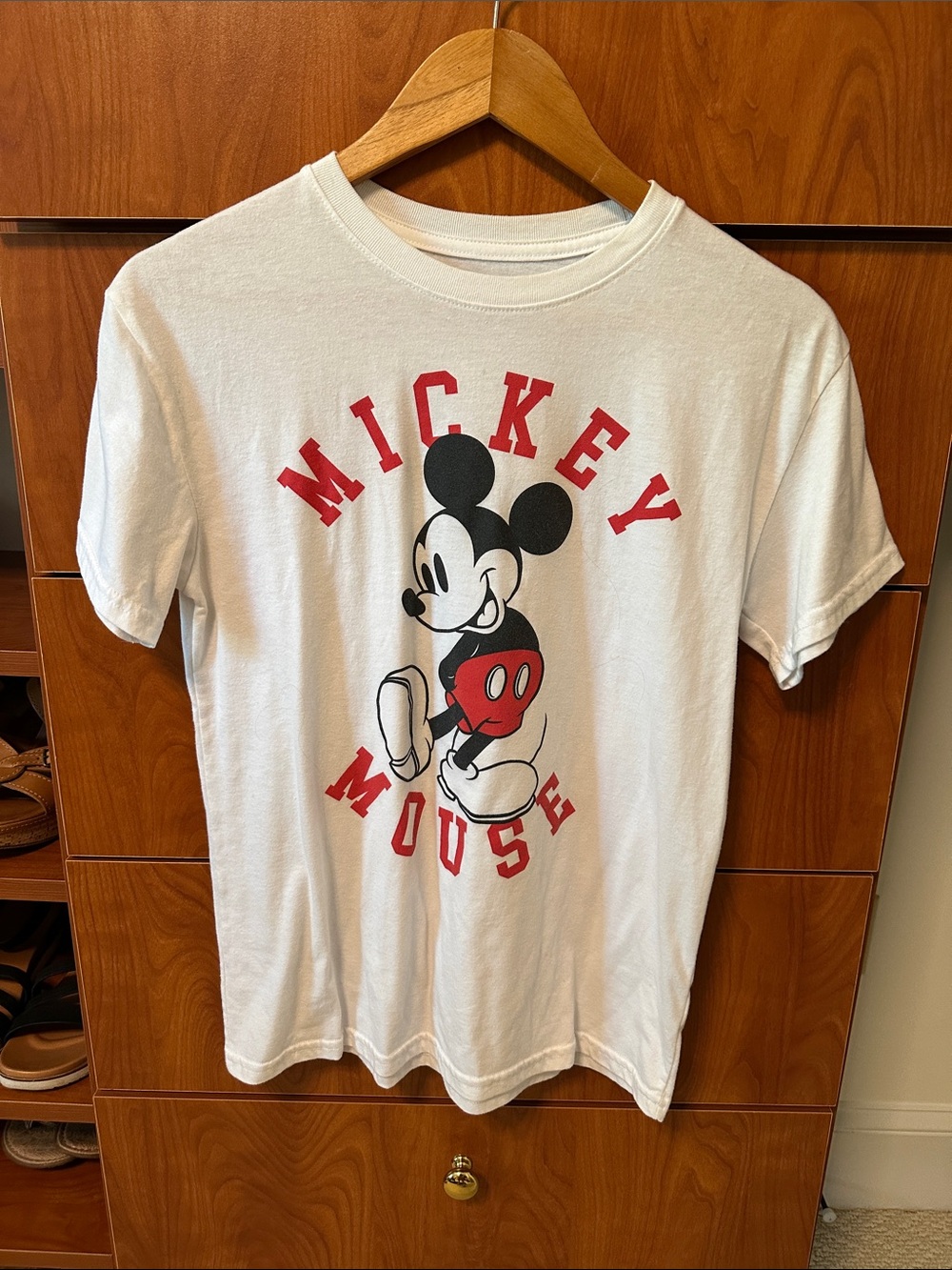 Disney White Tee with Red Lettering & Classic Mickey Graphic